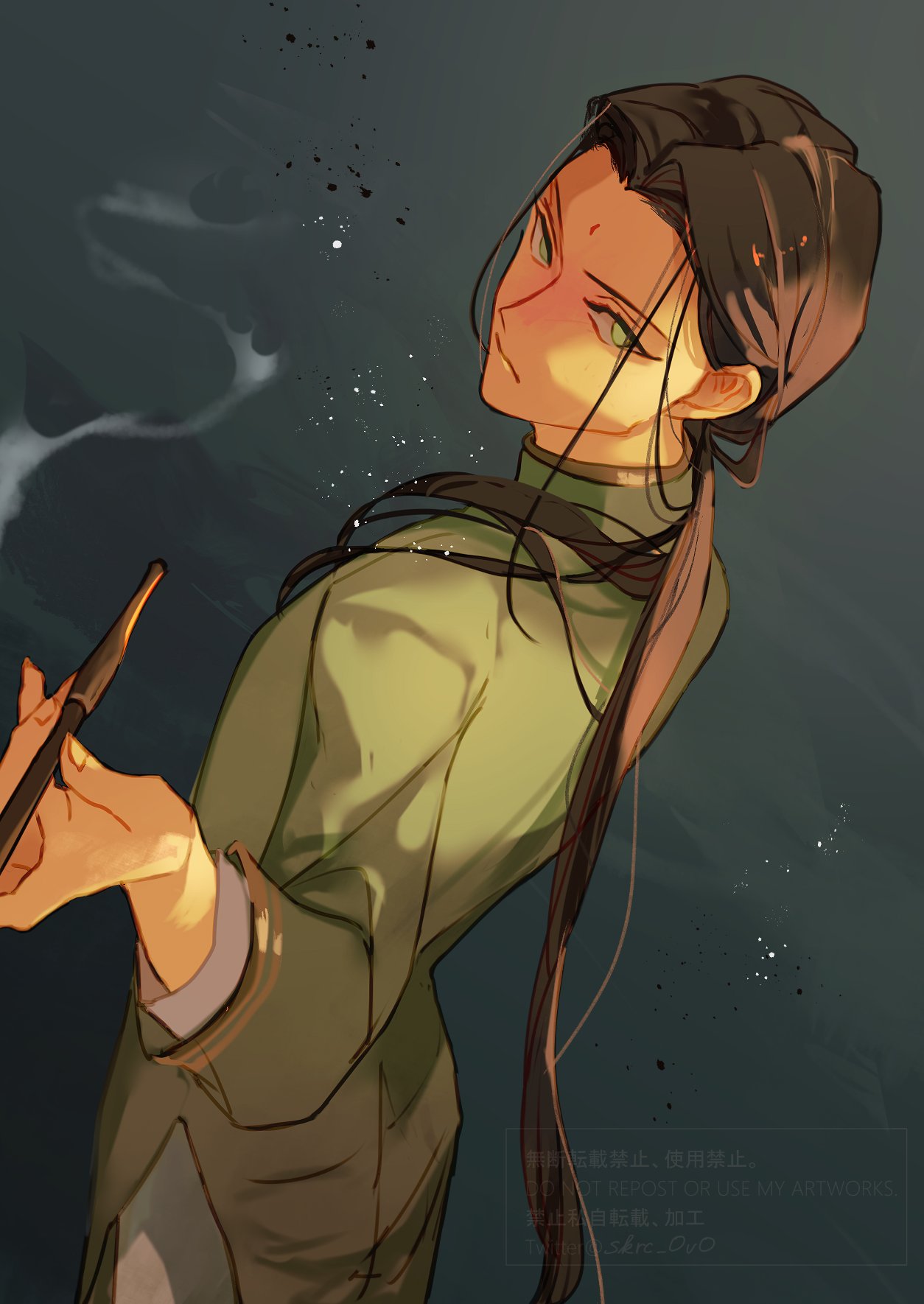 1boy, alternate_costume, bangs, bindi, black_hair, changpao, chinese_clothes, dutch_angle