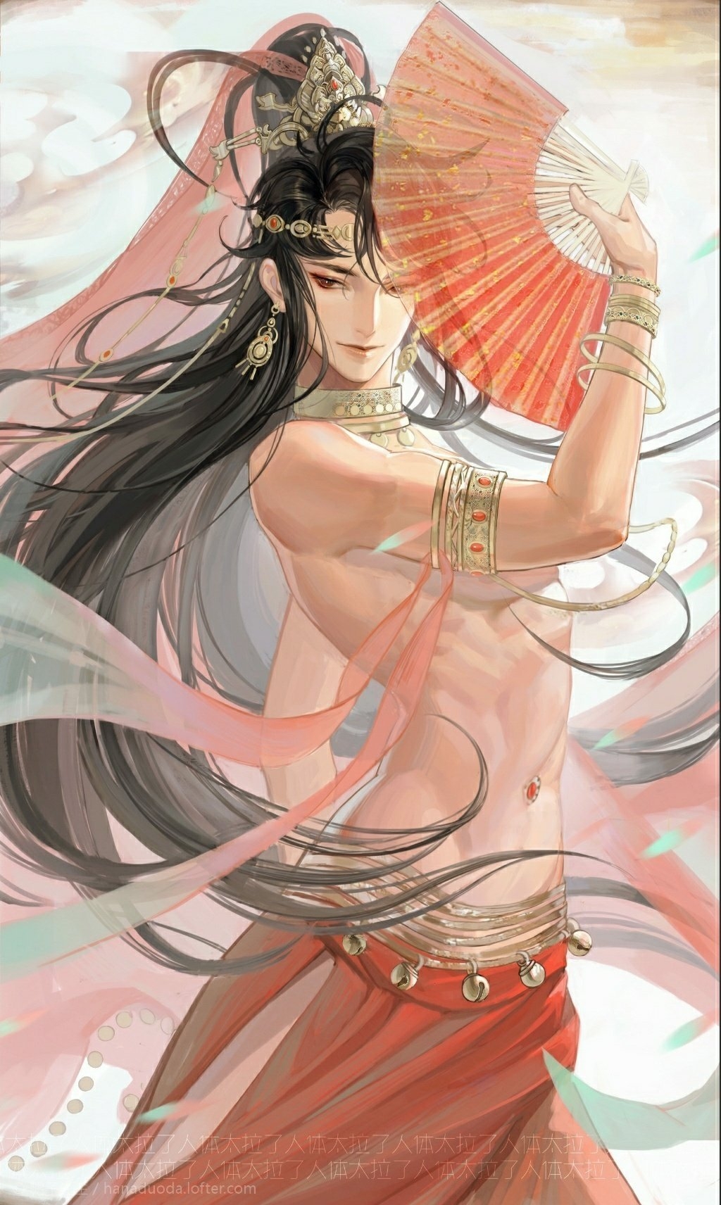 armlet, dunhuang_style, earrings, hagoromo, hand_fan, highres, holding, holding_fan, jewelry, ren_zhafan_paijizu_xitong, shawl, shixiaofengfengfengfengfeng, silk, veil
