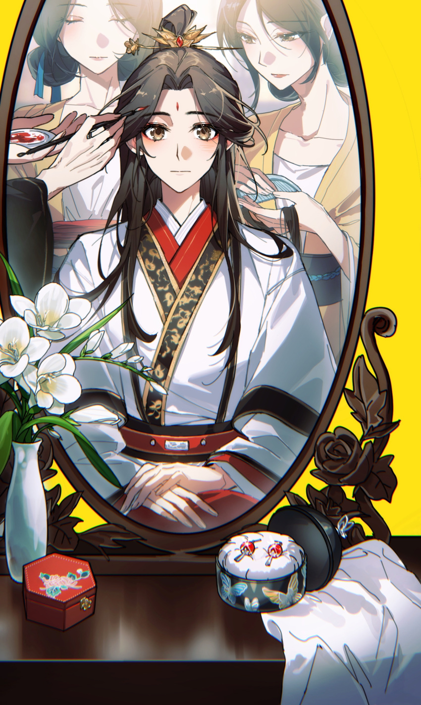 1boy, 2girls, absurdres, bangs, bindi, black_hair, chinese_clothes, closed_eyes, comb, flower, full-length_mirror, haileiduzhuo, hanfu, highres, long_hair, long_sleeves, looking_at_viewer, makeup, makeup_brush, mirror, mirror_image, multiple_girls, parted_bangs, reflection, table, tian_guan_ci_fu, vanity_table, vase, white_flower, xie_lian, yellow_eyes