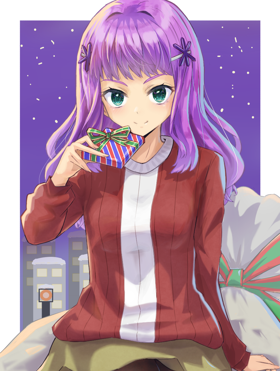 1girl, bag, bangs, black_pantyhose, border, brown_skirt, cardigan, gift, green_eyes, hair_intakes, hair_ornament, hairclip, highres, hiiragi_misa, holding, holding_gift, jikkyou_powerful_soccer, long_hair, pantyhose, red_cardigan, saitou_koku, sitting, skirt, smile, solo, white_border