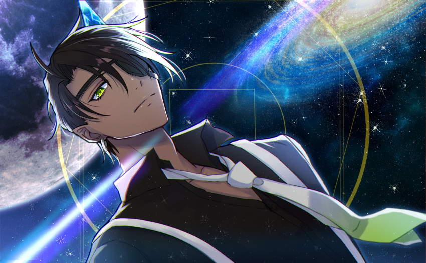 1boy, aragami_oga, black_hair, black_shirt, closed_mouth, collared_shirt, dark-skinned_male, dark_skin