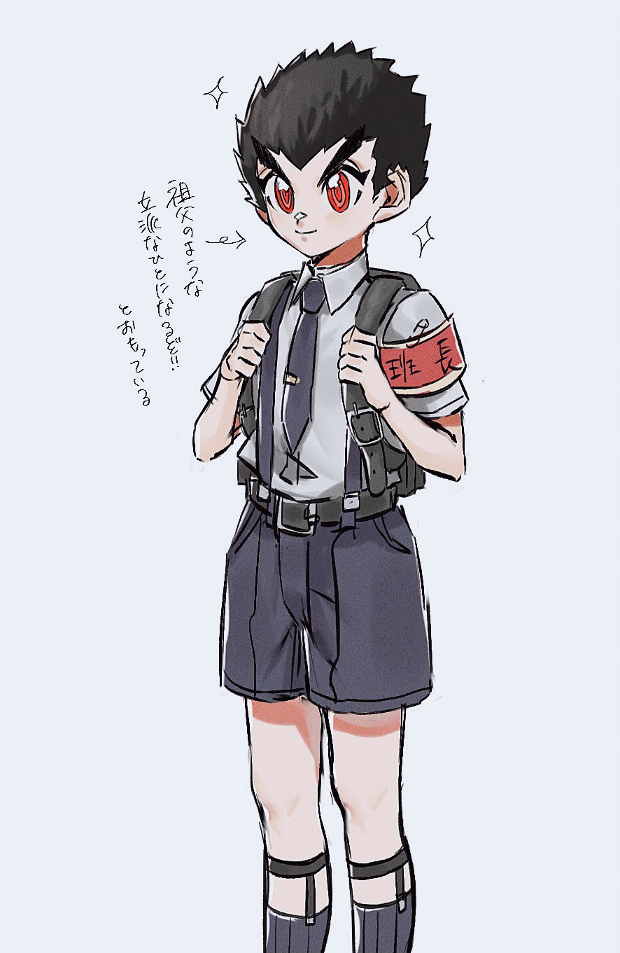 1boy, alternate_costume, backpack, bag, bangs, black_hair, black_necktie, black_shorts