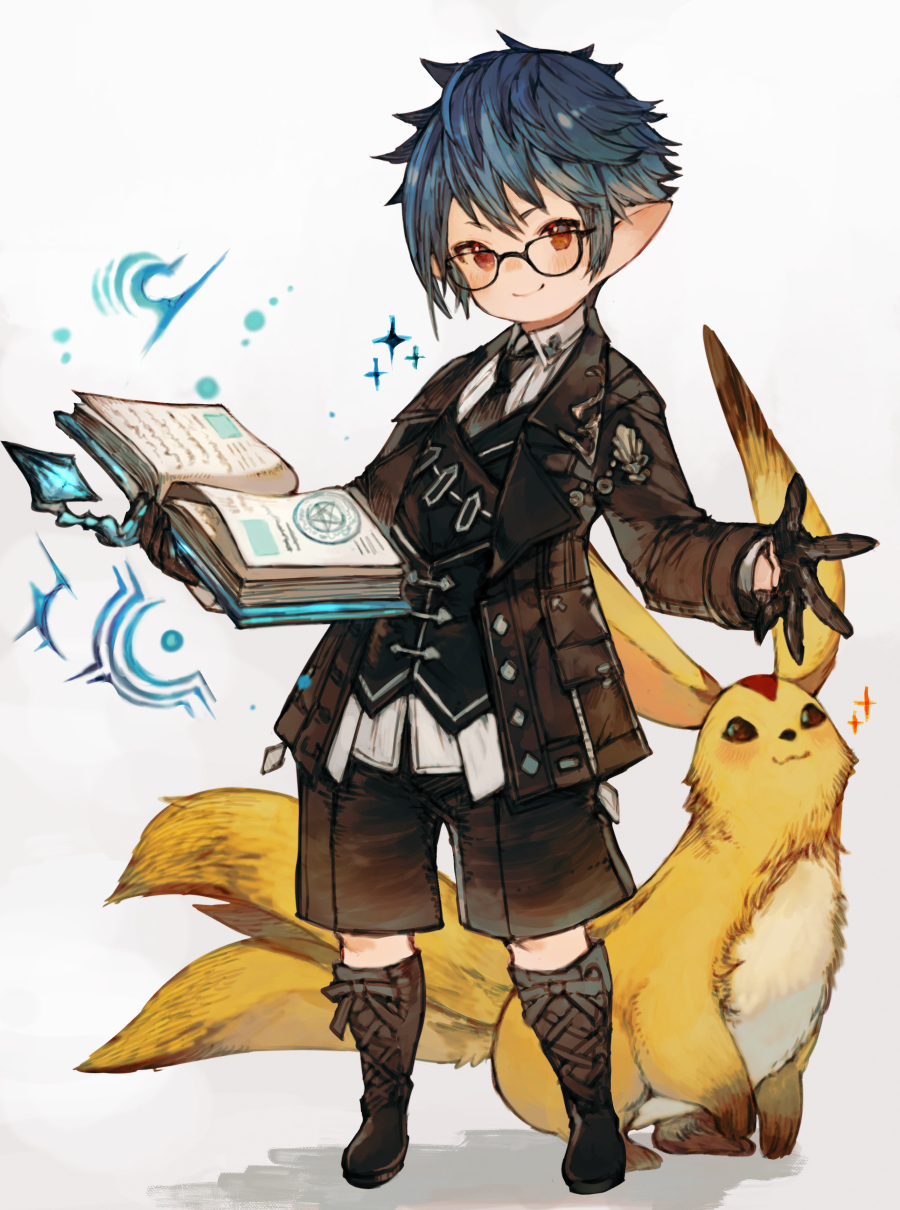 1boy, :3, arcanist_(final_fantasy), avatar_(ff14), bangs, black-framed_eyewear, black_footwear, black_gloves, black_jacket, black_necktie, black_shorts, black_vest, blue_hair, book, boots, brown_eyes, buttons, carbuncle_(final_fantasy), collared_shirt, creature, cross-laced_footwear, final_fantasy, final_fantasy_xiv, full_body, glasses, gloves, grimoire, highres, holding, holding_book, jacket, kemomin_nosuke, knee_boots, lalafell, lapels, long_sleeves, looking_at_viewer, male_focus, multiple_tails, necktie, open_book, outstretched_hand, pocket, pointy_ears, shirt, short_hair, shorts, simple_background, smile, solo, sparkle, standing, tail, two_tails, vest, white_background, white_shirt, yellow_fur