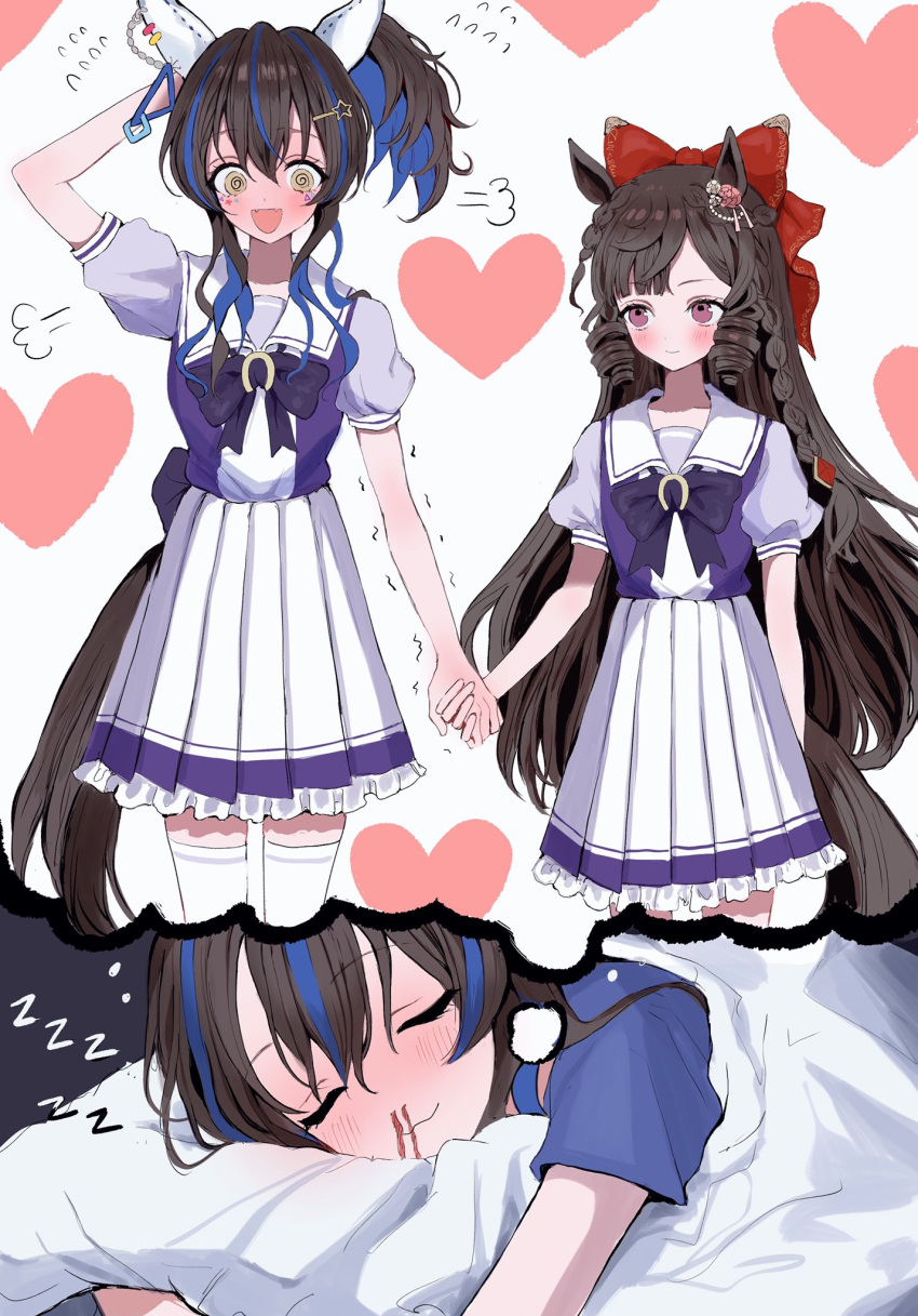 2girls, @_@, animal_ears, black_hair, blood, commentary_request, daiichi_ruby_(umamusume), daitaku_helios_(umamusume)