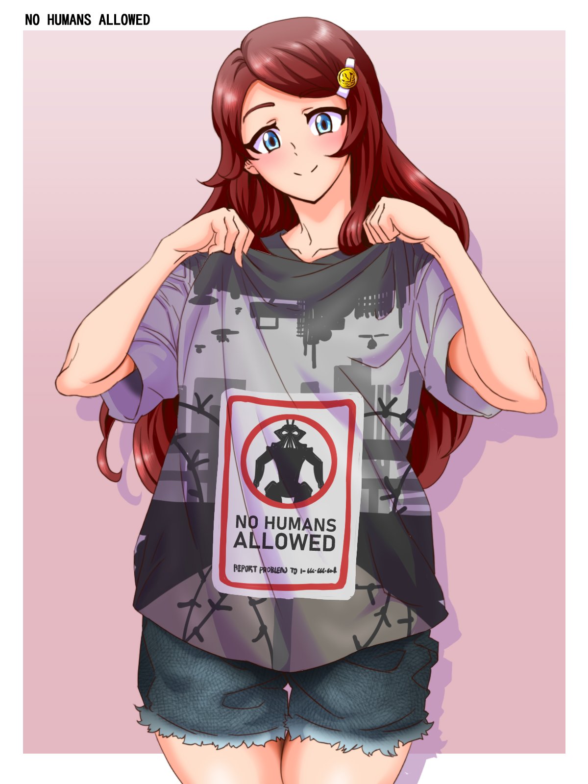 1girl, bangs, blue_eyes, blush, brown_hair, clothes_pull, collarbone, denim