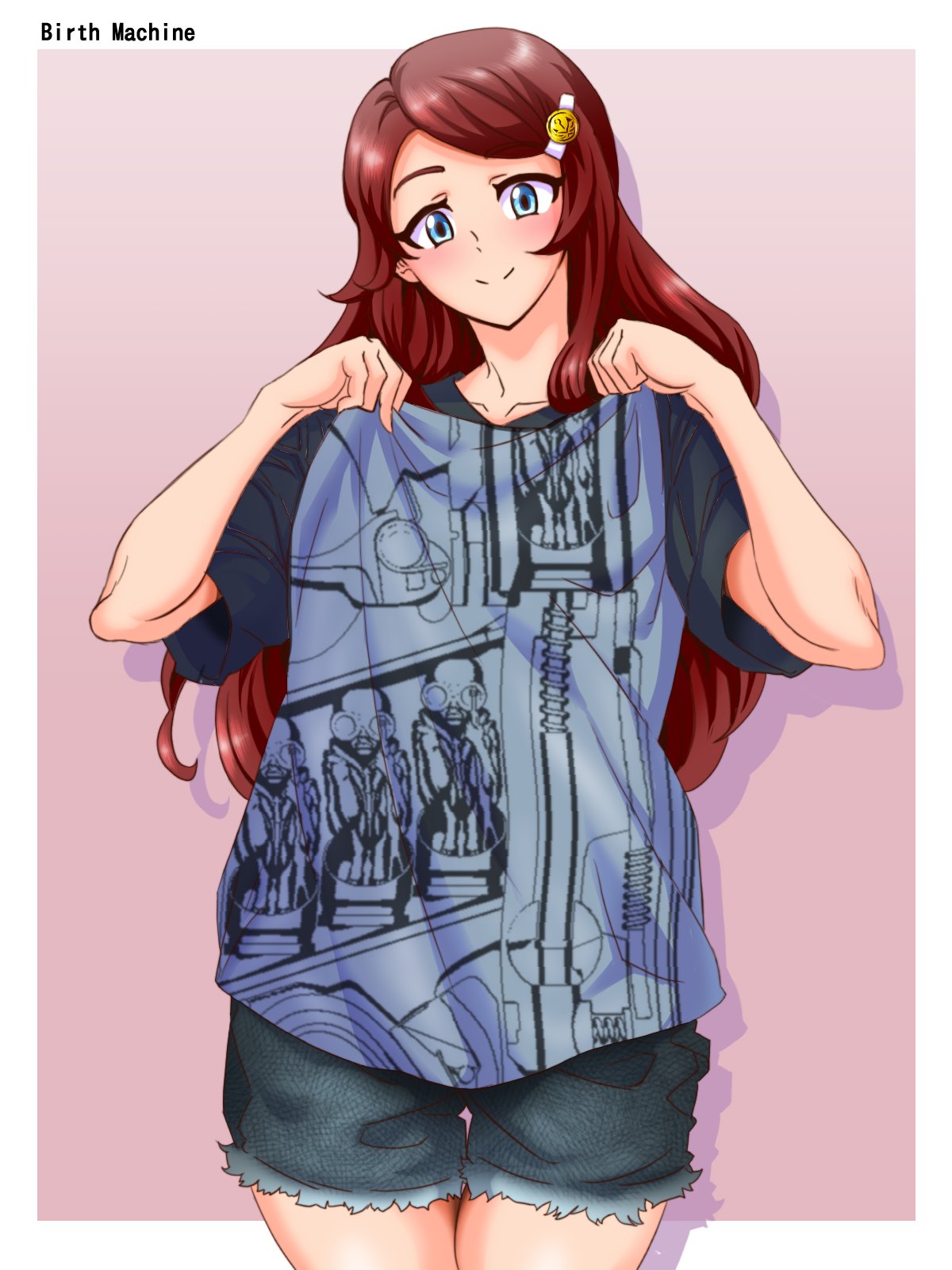 1girl, bangs, birth_machine_(h.r._giger), blue_eyes, blush, brown_hair, clothes_pull, collarbone