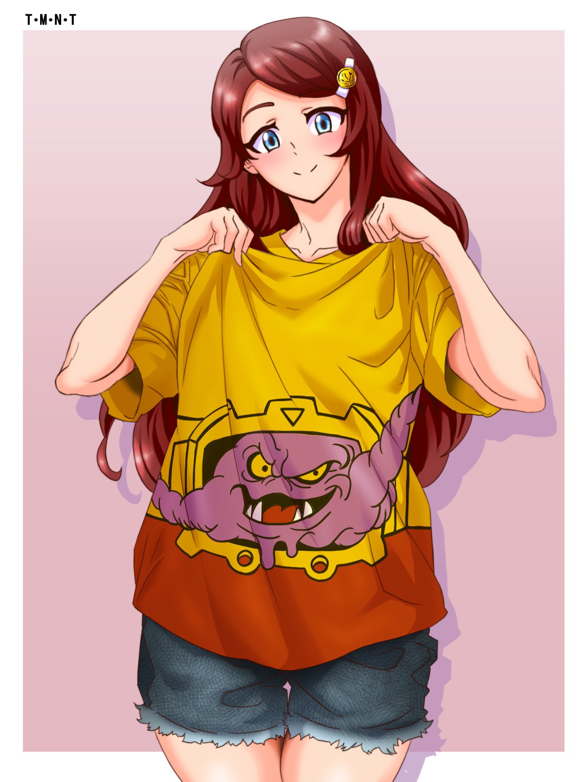 1girl, bangs, blue_eyes, blush, brown_hair, clothes_pull, collarbone, denim