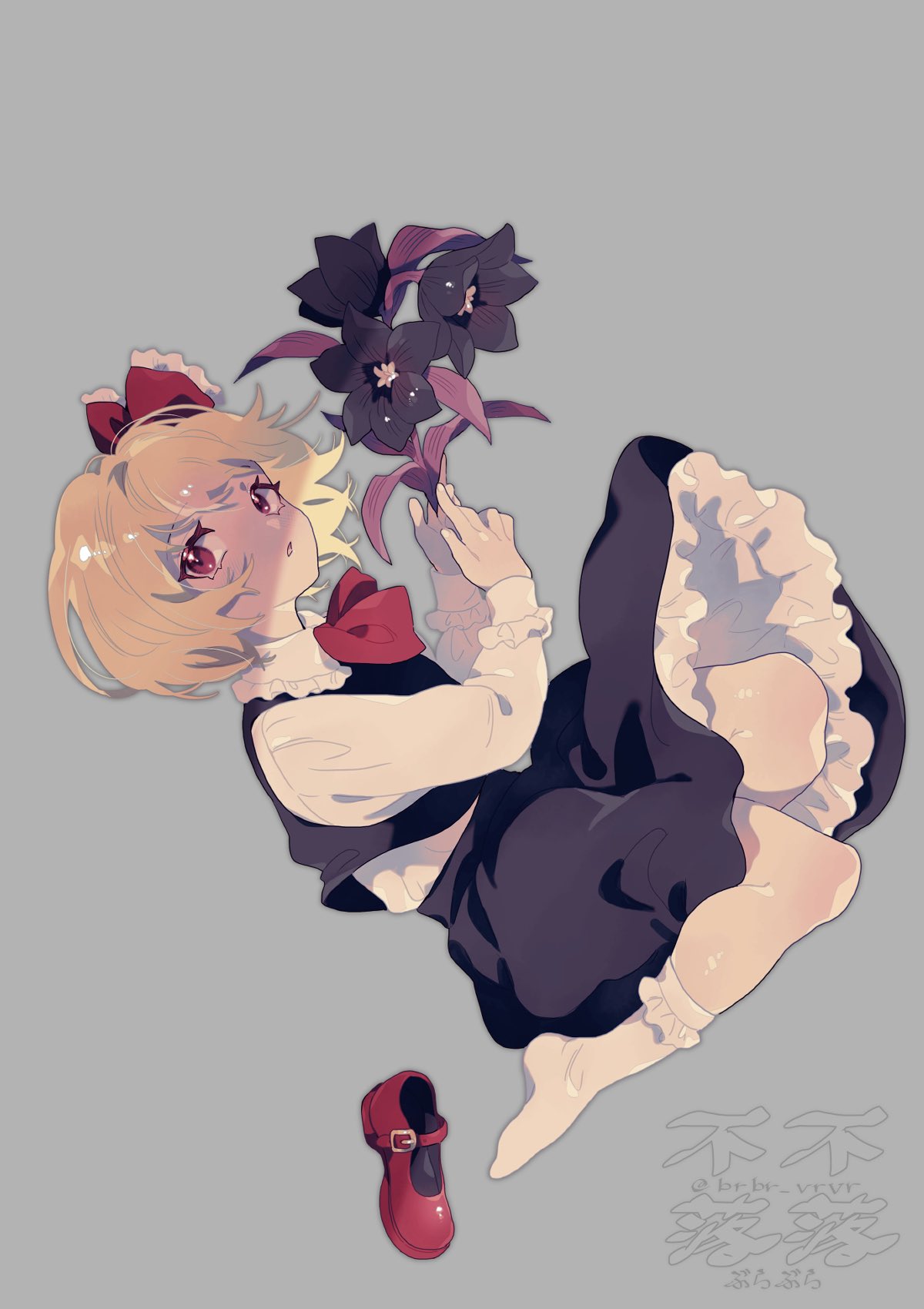 1girl, ascot, bangs, black_flower, black_skirt, black_vest, blonde_hair, brbr_vrvr, collared_shirt, commentary_request, flower, frilled_ribbon, frilled_shirt_collar, frills, full_body, grey_background, hair_ribbon, highres, holding, holding_flower, long_sleeves, mary_janes, open_mouth, petticoat, red_ascot, red_eyes, red_footwear, red_ribbon, ribbon, rumia, seiza, shirt, shoes, shoes_removed, short_hair, signature, simple_background, sitting, skirt, socks, solo, touhou, twitter_username, vest, white_shirt, white_socks