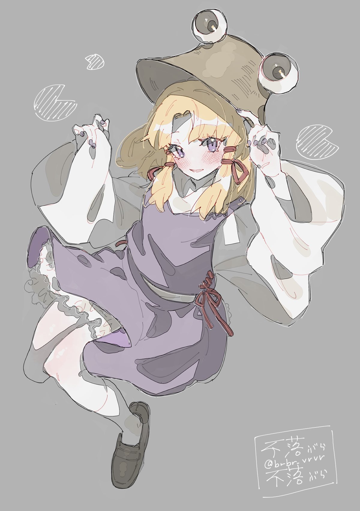 1girl, bangs, blonde_hair, brbr_vrvr, commentary, full_body, grey_background, hands_up, hat, highres, long_sleeves, looking_at_viewer, medium_hair, moriya_suwako, open_mouth, parted_bangs, petticoat, purple_nails, purple_skirt, purple_vest, shirt, shoes, signature, skirt, smile, socks, solo, touhou, twitter_username, vest, violet_eyes, white_shirt, white_socks, wide_sleeves