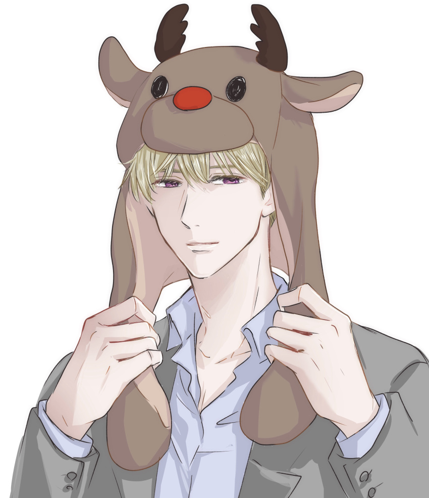 1boy, animal_hood, blonde_hair, brown_eyes, deer_hood, formal, grey_suit, highres