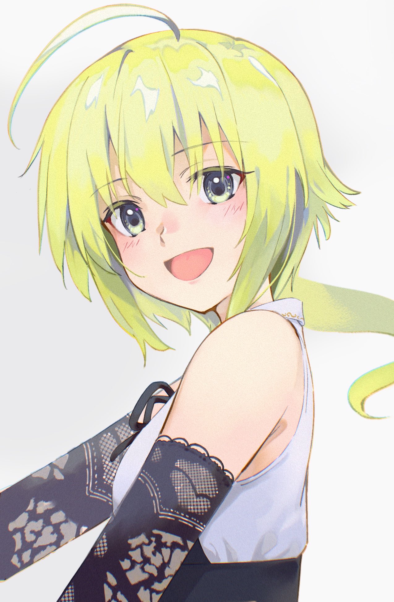 1girl, :d, a.k.a.zkin, ahoge, amano_soraha, assault_lily, bangs, bare_shoulders