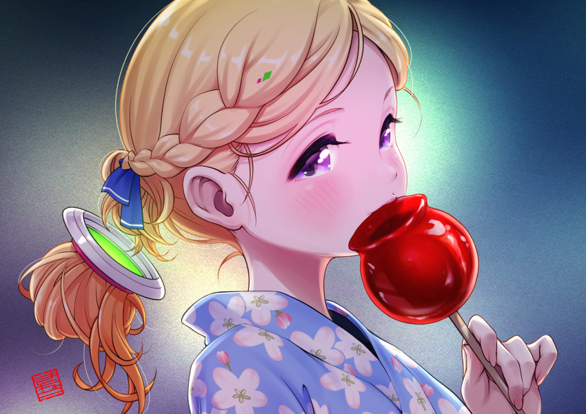 1girl, aki_rosenthal, blonde_hair, blue_kimono, blue_ribbon, blush, bra, candy_apple, detached_hair, eating, floral_print, food, hair_ribbon, highres, holding, holding_food, hololive, japanese_clothes, kimono, kineko9218, looking_at_viewer, photoshop_(medium), print_kimono, ribbon, sideways_glance, solo, underwear, virtual_youtuber