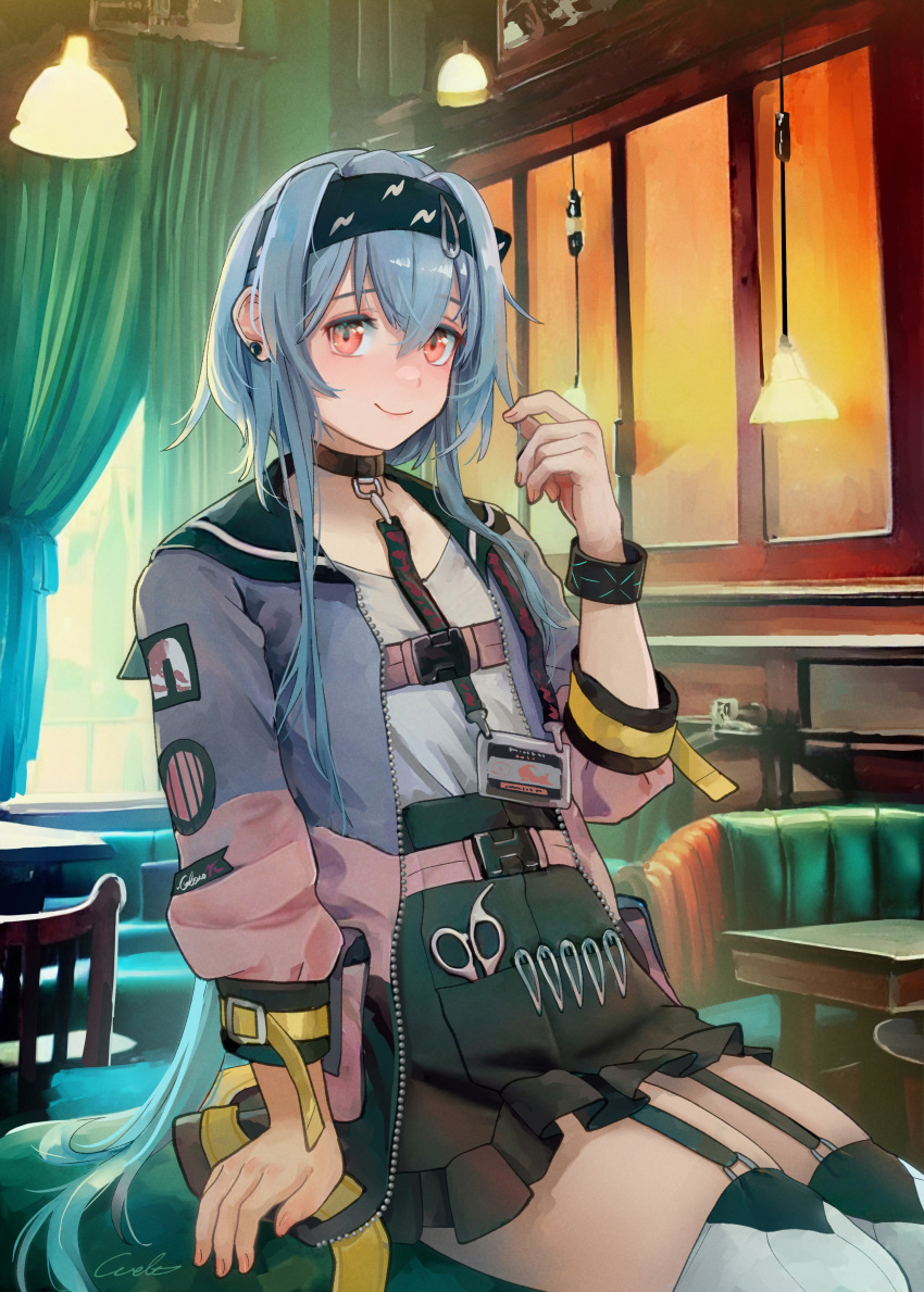 1boy, absurdres, arknights, bangs, black_bracelet, black_hairband, black_skirt, blue_hair