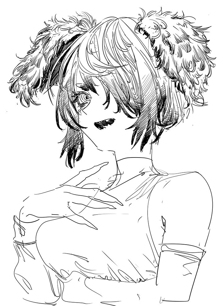 1girl, bare_shoulders, doodlezbd, elbow_gloves, fang, fingernails, gloves, greyscale