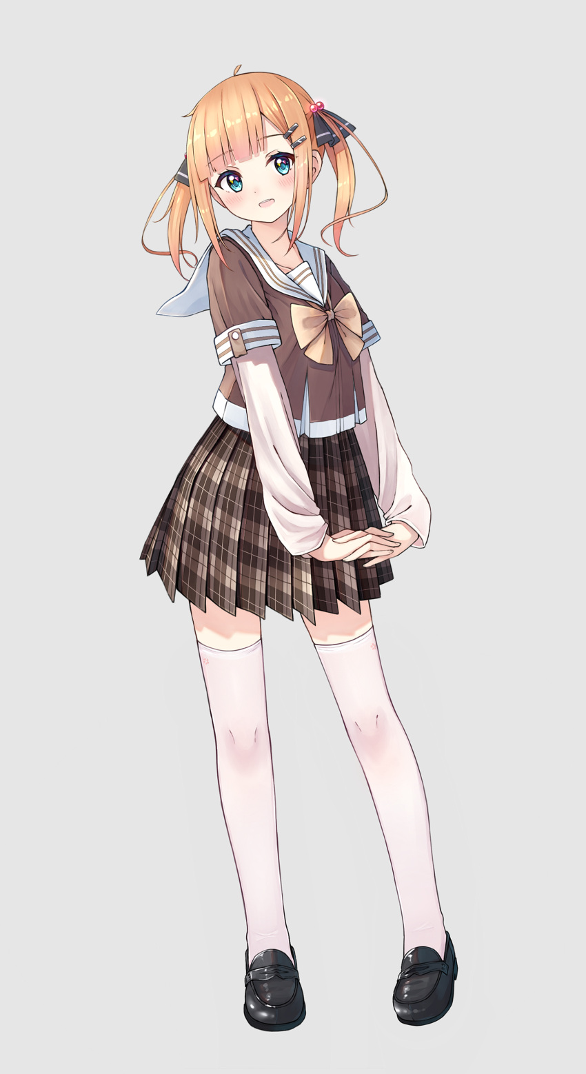 1girl, :d, absurdres, bangs, black_footwear, black_ribbon, blonde_hair, blue_eyes