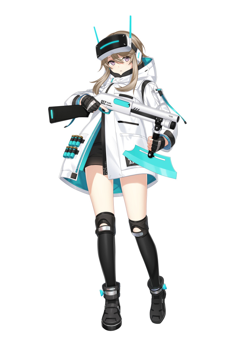 1girl, absurdres, ankle_boots, black_footwear, black_gloves, black_shorts, black_thighhighs, boots, brown_hair, counter:side, fingerless_gloves, full_body, gloves, gun, head-mounted_display, highres, holding, holding_gun, holding_weapon, hood, hooded_jacket, hosua, jacket, knee_pads, official_art, parted_lips, short_hair_with_long_locks, short_shorts, shorts, shotgun, solo, standing, tachi-e, teeth, thigh-highs, transparent_background, violet_eyes, weapon, white_jacket