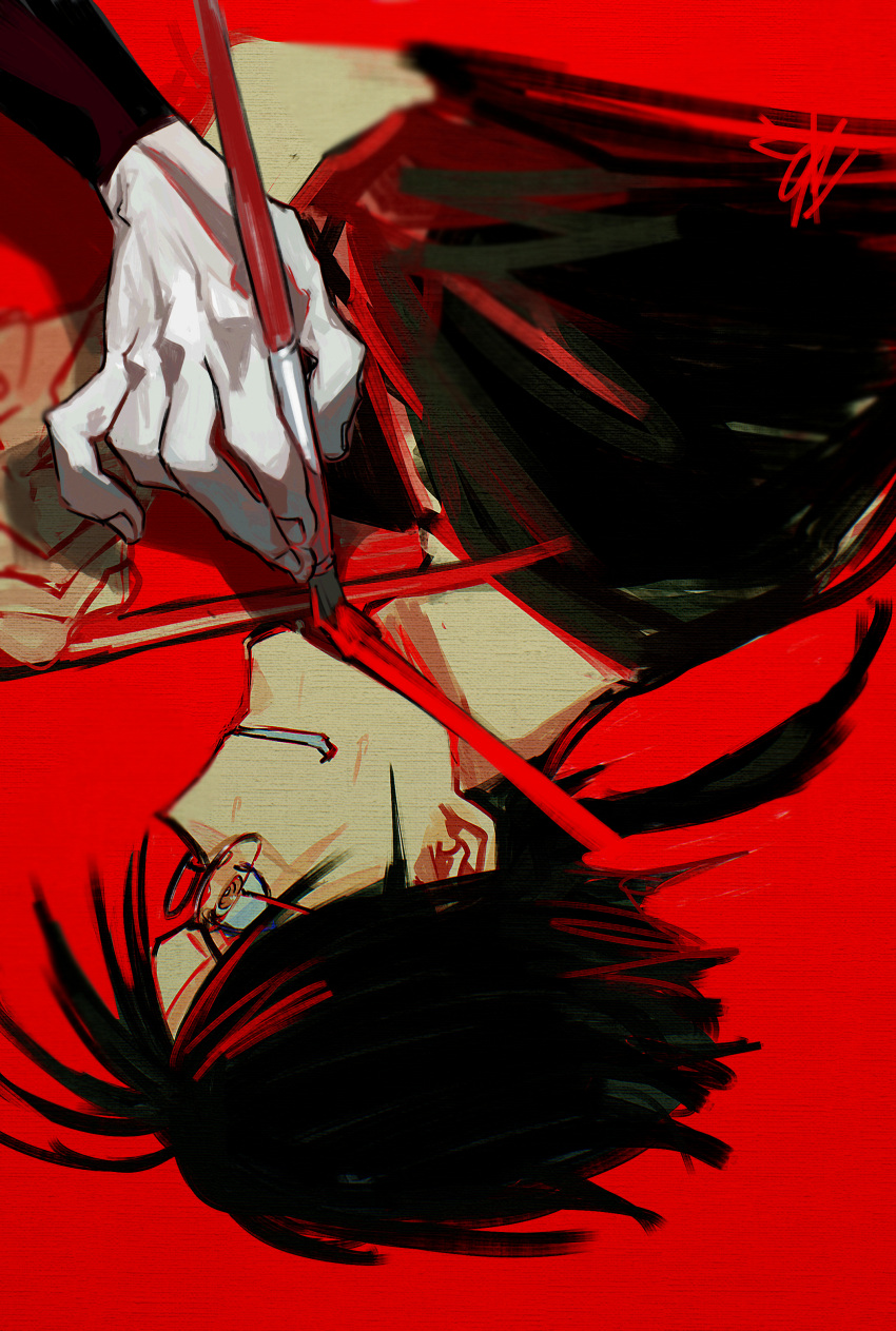 1boy, 1other, absurdres, azisaiharumaki56, black_hair, brown_eyes, brush, check_commentary, colored_skin, commentary_request, fingernails, highres, holding, holding_brush, holding_paintbrush, male_focus, medium_hair, multicolored_hair, paint, paintbrush, painterly, painting_(action), parted_lips, red_background, redhead, ringed_eyes, sakamaki_deido, signature, simple_background, smile, solo, souboutei_kowasu_beshi, streaked_hair, sweat, white_skin, wide-eyed