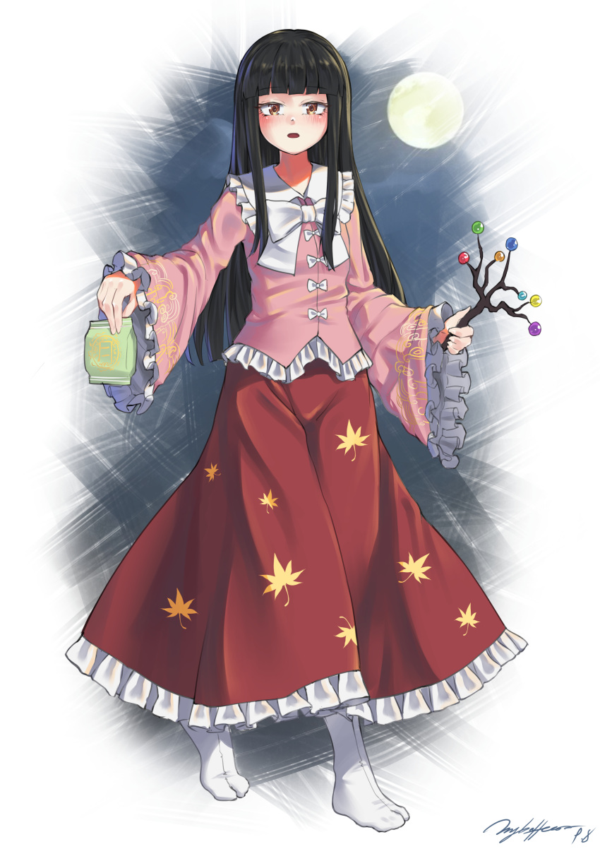 1girl, absurdres, arms_up, artist_name, autumn_leaves, bangs, black_hair, blouse