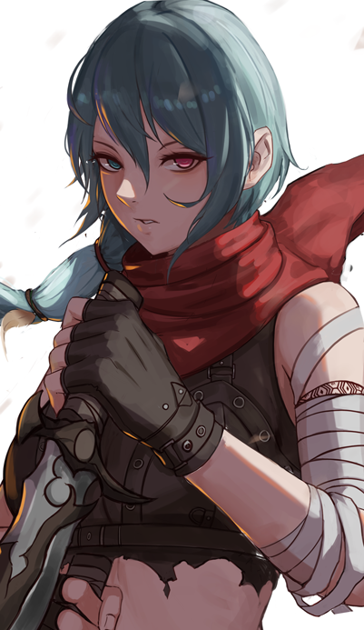 1girl, arc2urus, bandages, bangs, blue_eyes, blue_hair, brown_gloves, dagger, fingerless_gloves, fingernails, gloves, hair_between_eyes, heterochromia, holding, holding_dagger, holding_weapon, knife, long_hair, looking_at_viewer, lost_ark, parted_lips, ponytail, red_eyes, red_scarf, scarf, shana_(lost_ark), simple_background, solo, upper_body, weapon, white_background