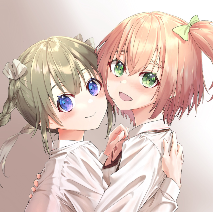 2girls, amamiya_sophia_seren, assault_lily, bangs, blush, bow, bowtie, braid