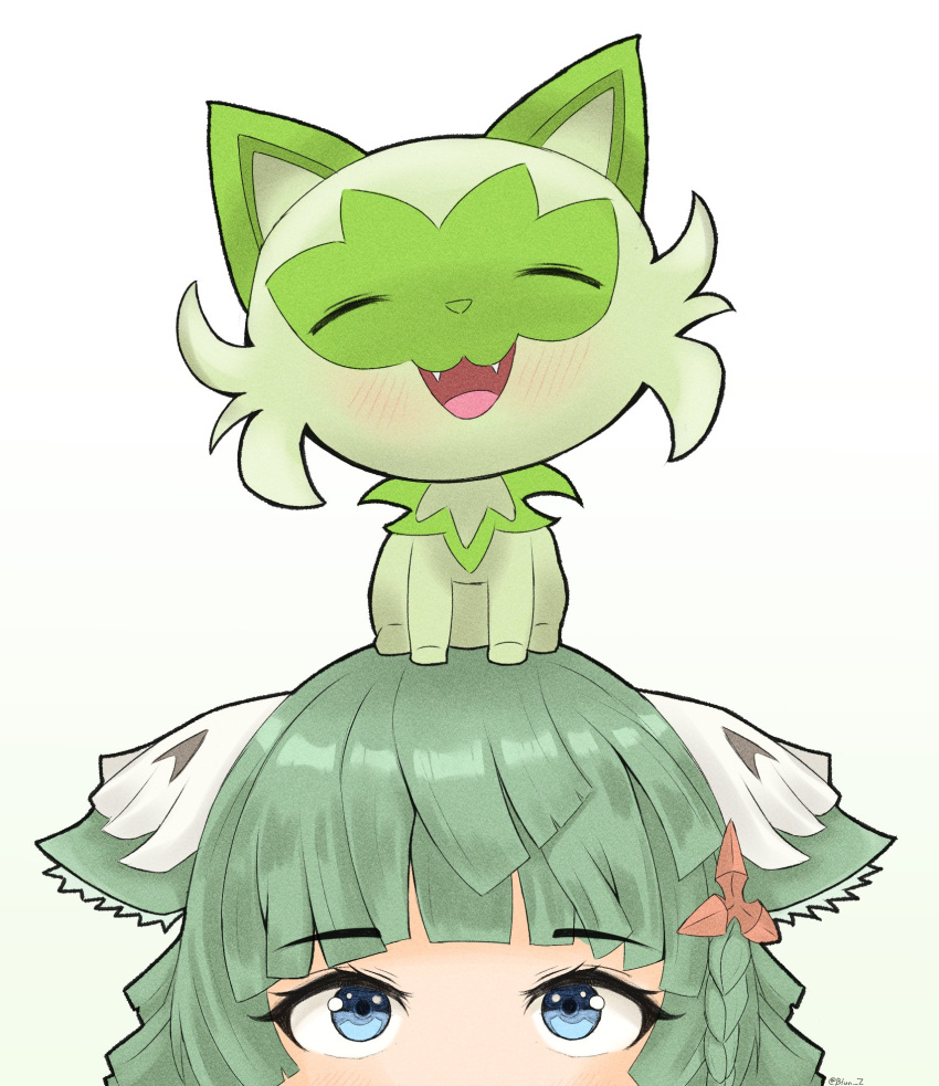1other, animal_ears, blue_eyes, blunz, blush, braid, cat_ears, crossover