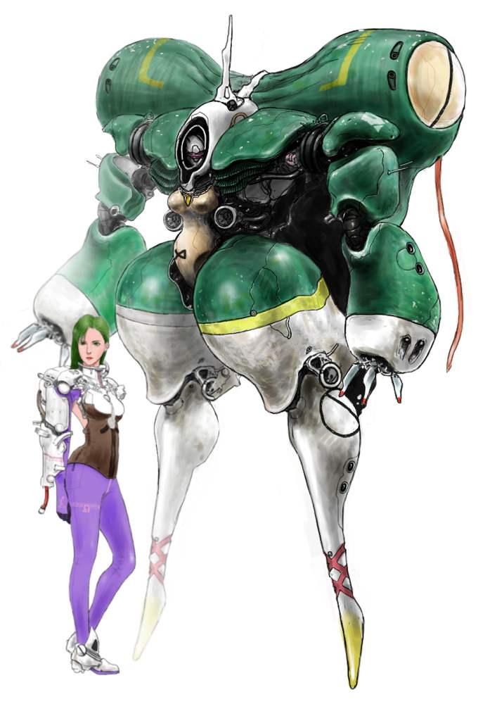 1girl, alien, arm_cannon, bodysuit, boots, breasts, cable, chest_cannon