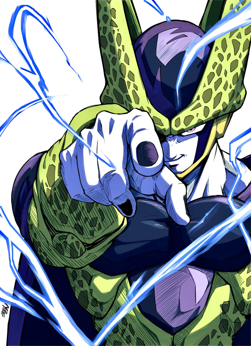1boy, absurdres, cell_(dragon_ball), colored_skin, commentary_request, dragon_ball, dragon_ball_z, electricity