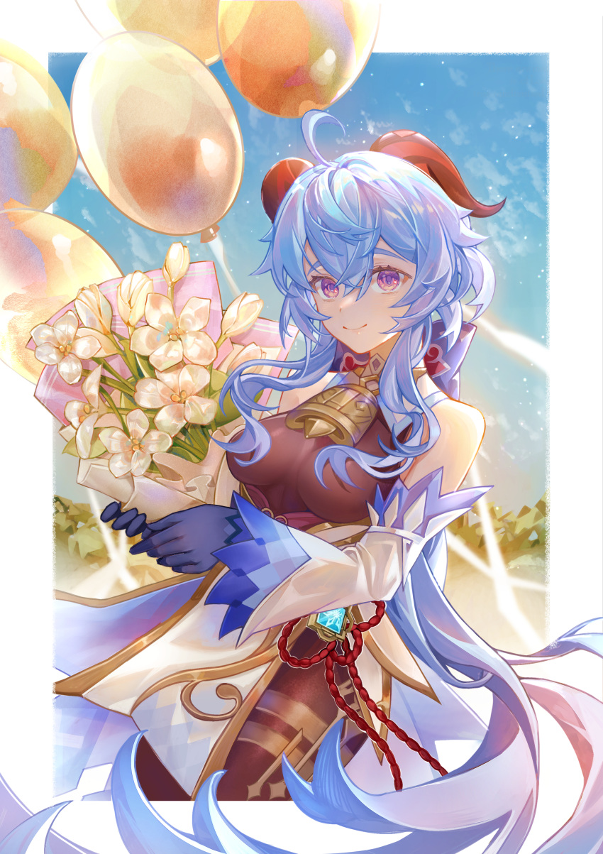 1girl, absurdres, ahoge, arrrrrry1, balloon, bangs, bare_shoulders, bell