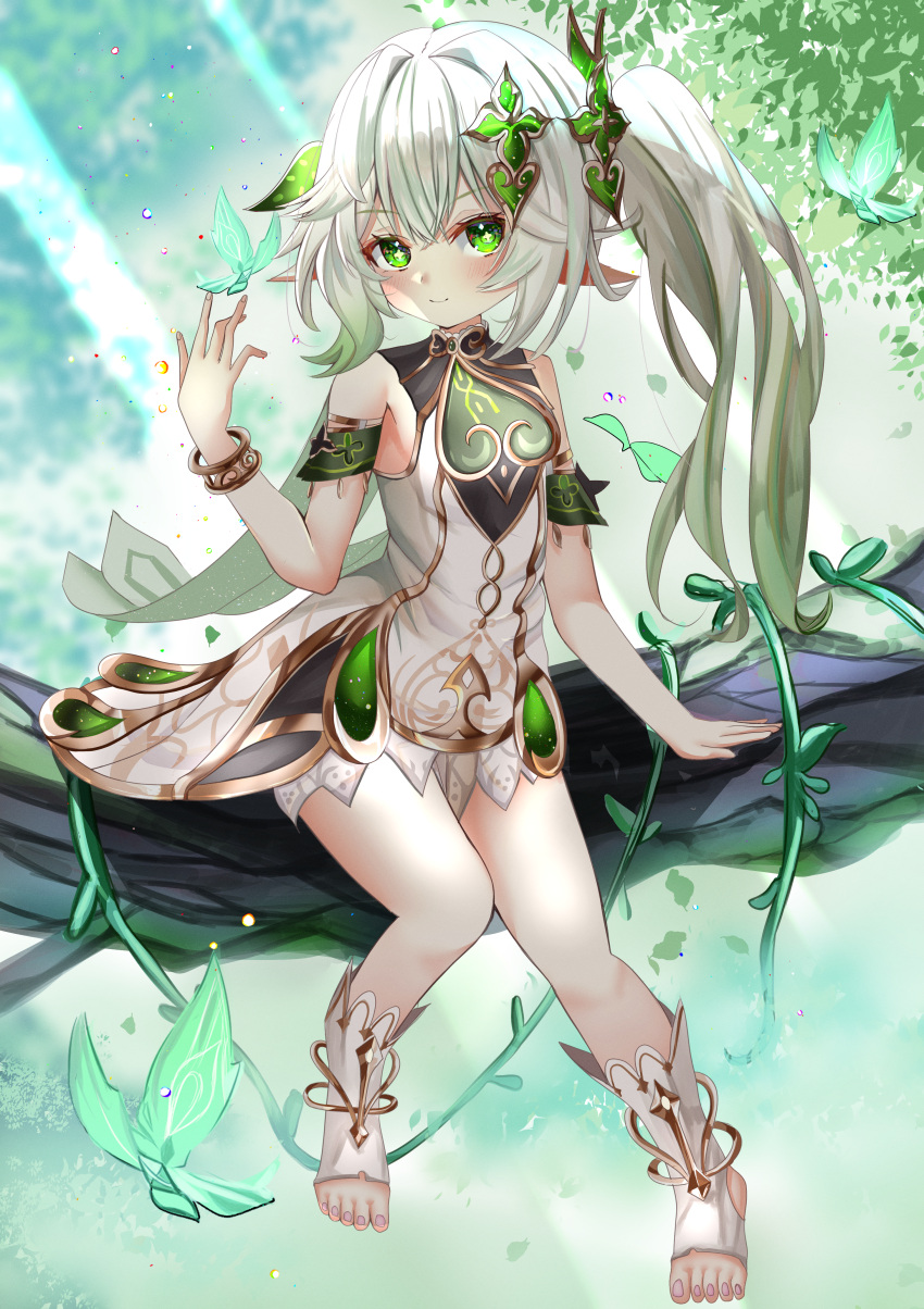 1girl, absurdres, bangs, bracelet, branch, bug, butterfly, cape, closed_mouth, cross-shaped_pupils, dress, full_body, genshin_impact, green_cape, green_eyes, hair_ornament, highres, jewelry, leaf_hair_ornament, long_hair, looking_at_viewer, mitsu336, nahida_(genshin_impact), outdoors, pointy_ears, ponytail, shoulder_cape, sitting, smile, solo, toeless_footwear, white_dress, white_hair