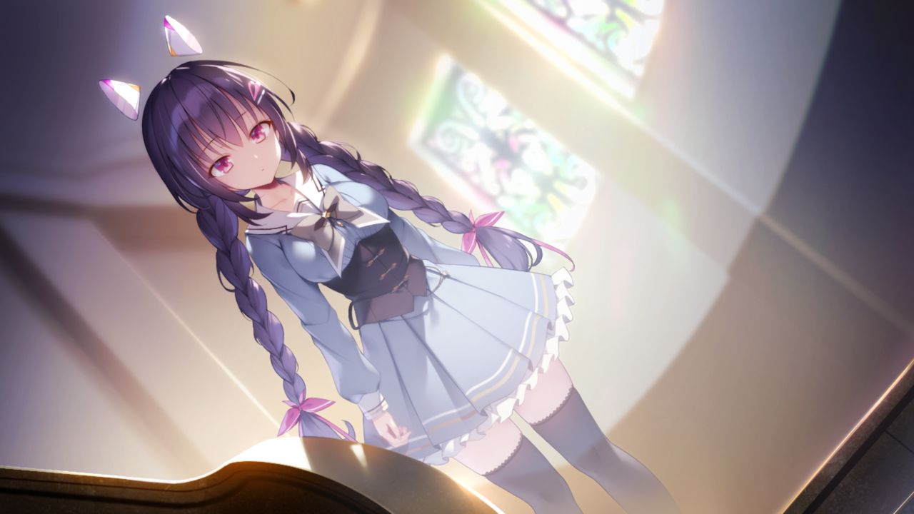 1girl, ameto_yuki, bangs, blue_shirt, blue_skirt, blurry, blurry_background, bow, bowtie, braid, closed_mouth, collared_shirt, dutch_angle, fuyukara_kururu, game_cg, grey_bow, grey_bowtie, hair_between_eyes, hair_bow, hair_ornament, hairclip, indoors, layered_skirt, long_hair, miniskirt, pink_bow, pink_eyes, pleated_skirt, purple_hair, sailor_collar, sailor_shirt, shimoyuki_shihon, shiny, shiny_hair, shirt, skirt, solo, thigh-highs, twin_braids, twintails, underbust, very_long_hair, white_sailor_collar