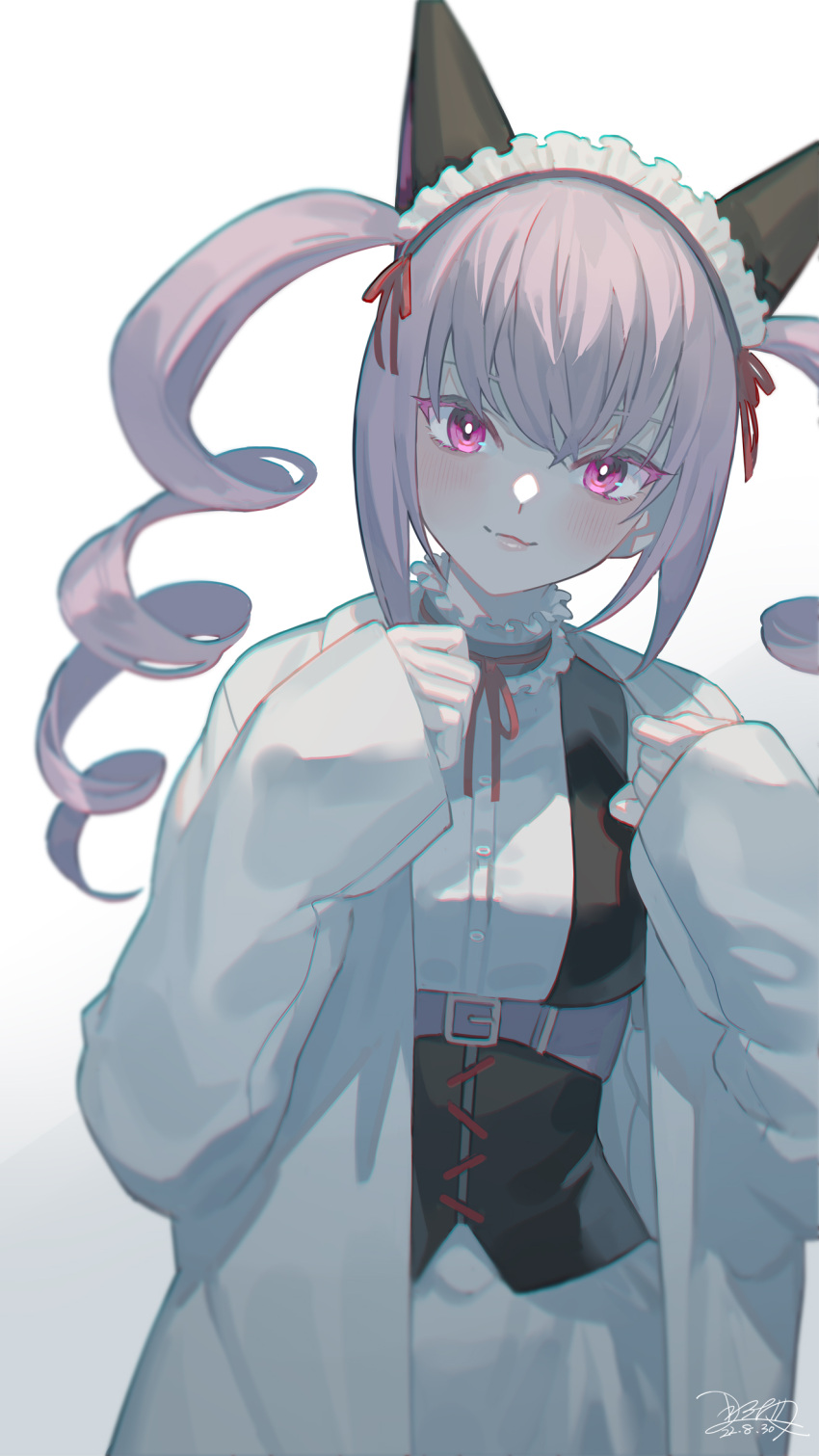 1girl, :3, akiha_rumiho, animal_ears, bangs, black_vest, borrowed_garments, buckle