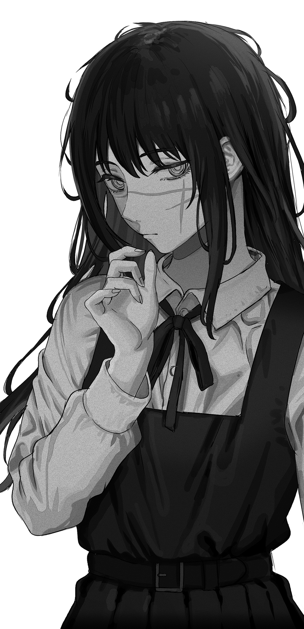 1girl, bangs, chainsaw_man, closed_mouth, collared_shirt, dress, greyscale, hand_up