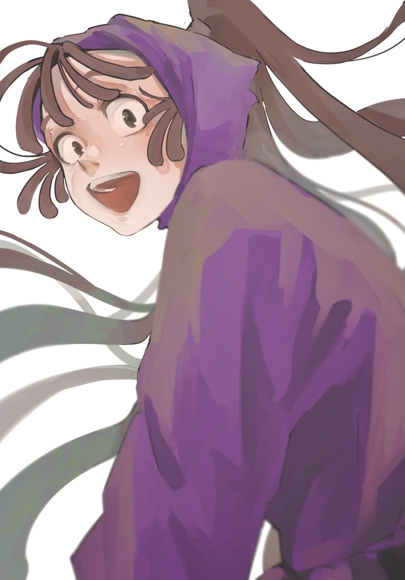 1boy, brown_hair, green_eyes, grey_background, highres, long_hair, looking_at_viewer, male_focus