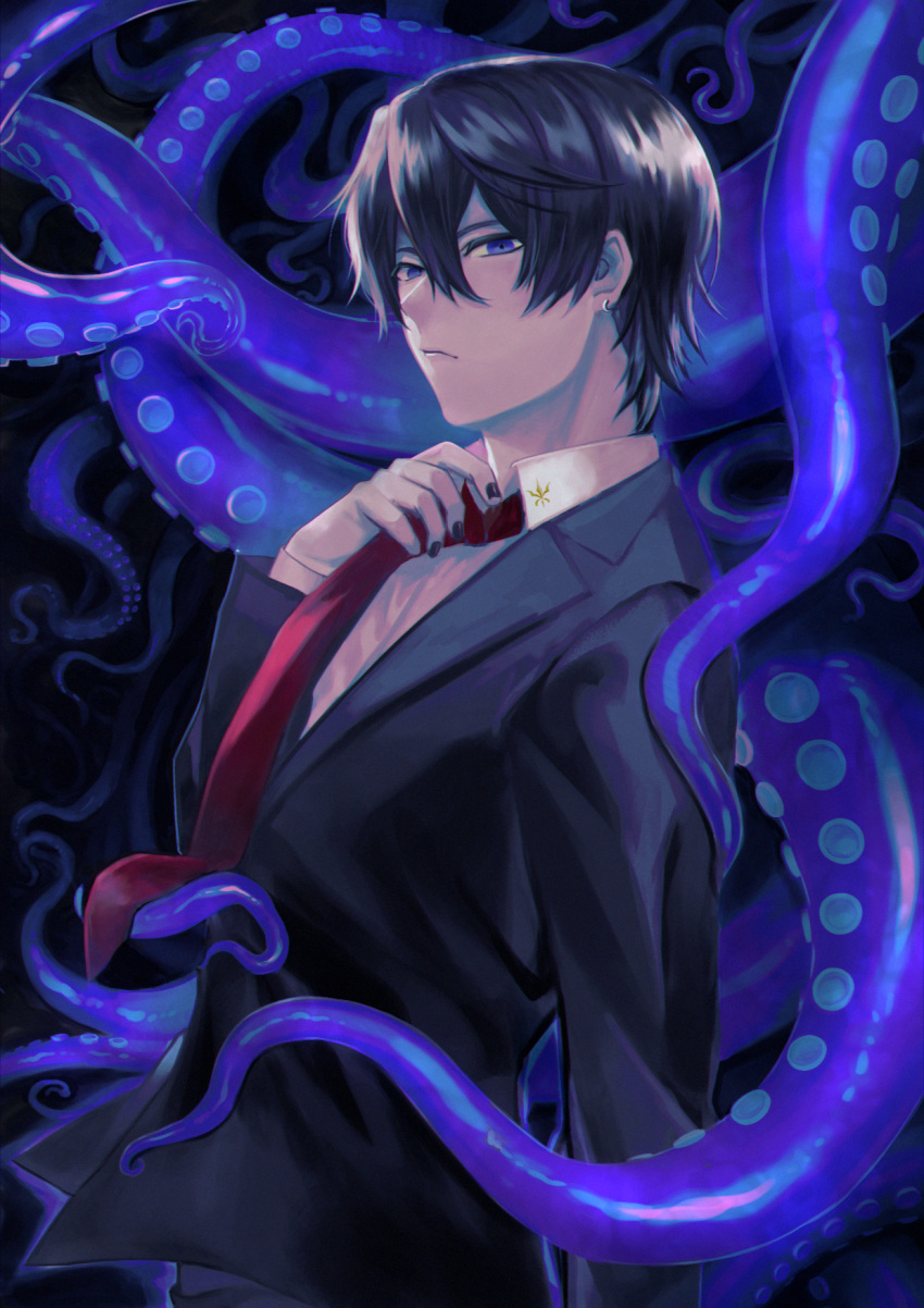 1boy, azami_datto, black_background, black_hair, black_nails, blue_eyes, closed_mouth, earrings, film_grain, fingernails, formal, hair_between_eyes, highres, jewelry, looking_at_viewer, male_focus, necktie, original, red_necktie, solo, suction_cups, suit, tentacles