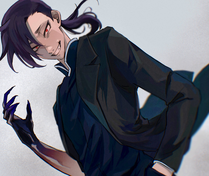 1boy, black_coat, black_skin, blurry, blurry_background, claws, coat, colored_skin