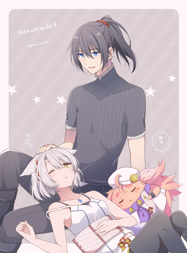 1boy, 2girls, animal_ears, bangs, black_hair, black_pants, black_pantyhose, black_shirt