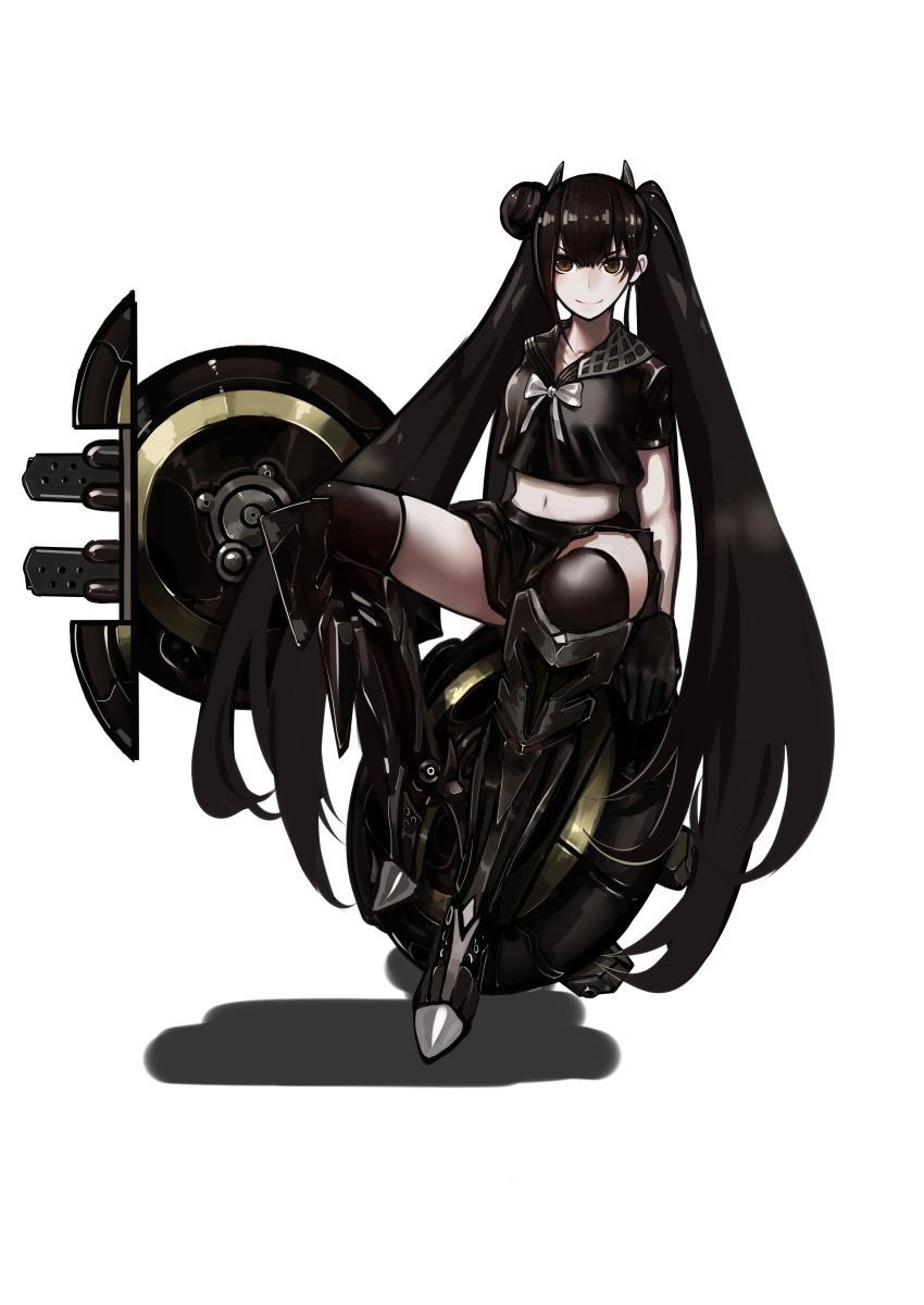 1559265249, 1girl, absurdly_long_hair, absurdres, black_hair, brown_eyes, crop_top, full_body