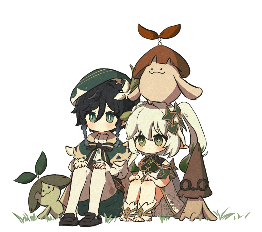 1boy, 1girl, aranara_(genshin_impact), beret, black_bow, black_bowtie, black_footwear, black_hair