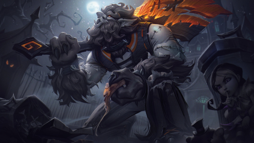 1boy, 1girl, absurdres, annie_(league_of_legends), axe, bangs, black_hair, castle