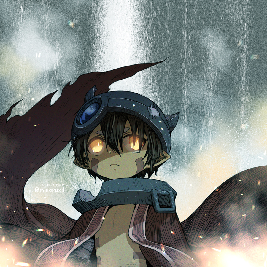 1boy, aura, blackcat_(blackcatbox), brown_hair, cape, child, commentary_request, dark_skin