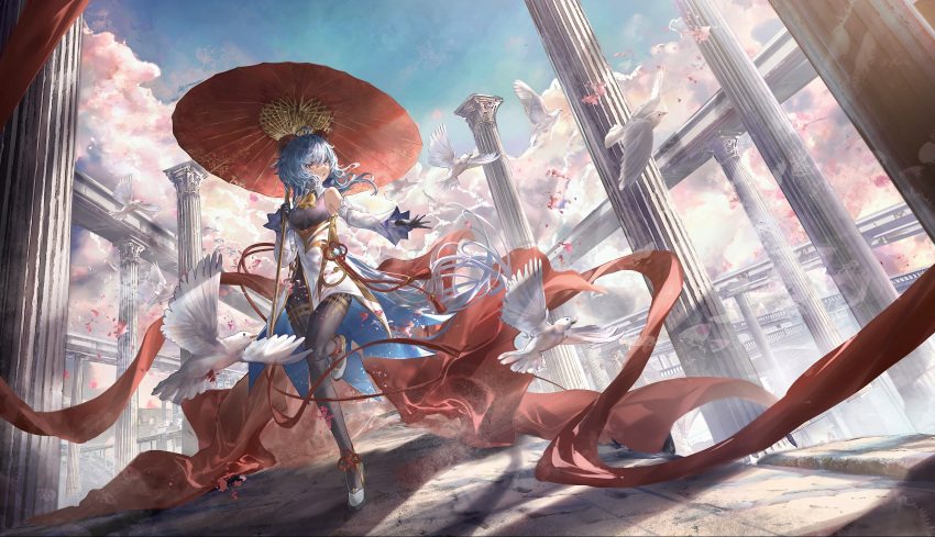 1girl, absurdres, ahoge, ankle_ribbon, architecture, bangs, bare_shoulders, bell