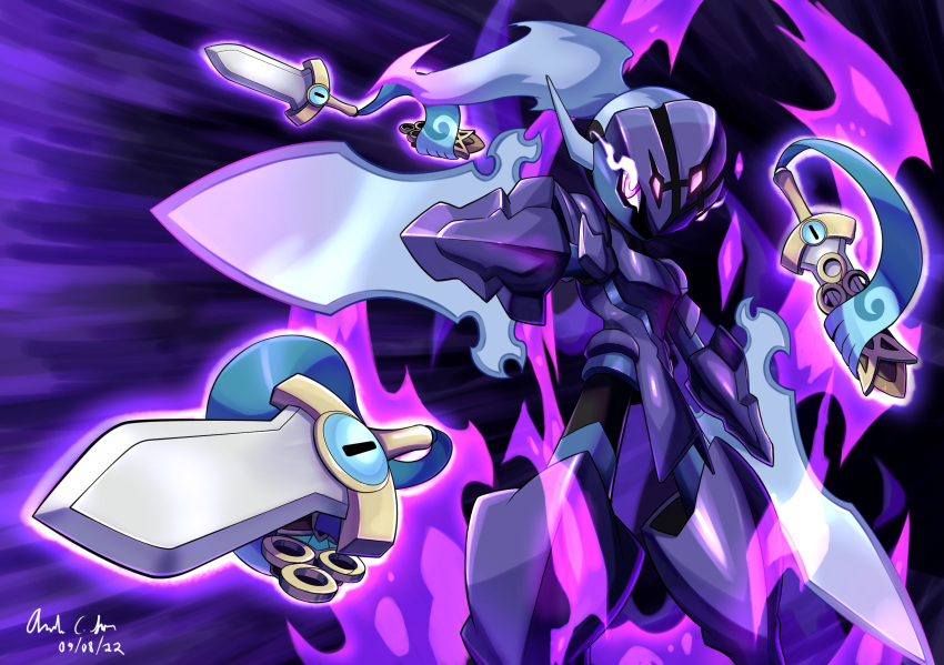 armor, blade, ceruledge, commentary, eye_trail, glowing, highres, honedge