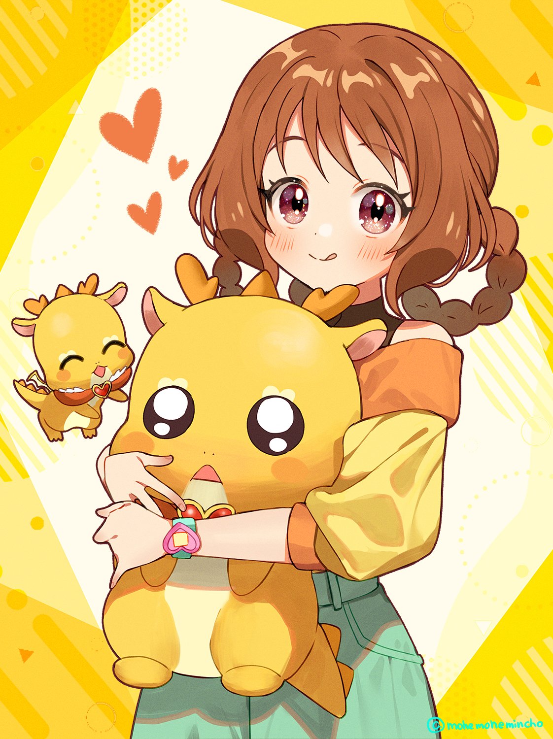 :d, blush, brooch, brown_eyes, brown_hair, closed_eyes, delicious_party_precure, dragon