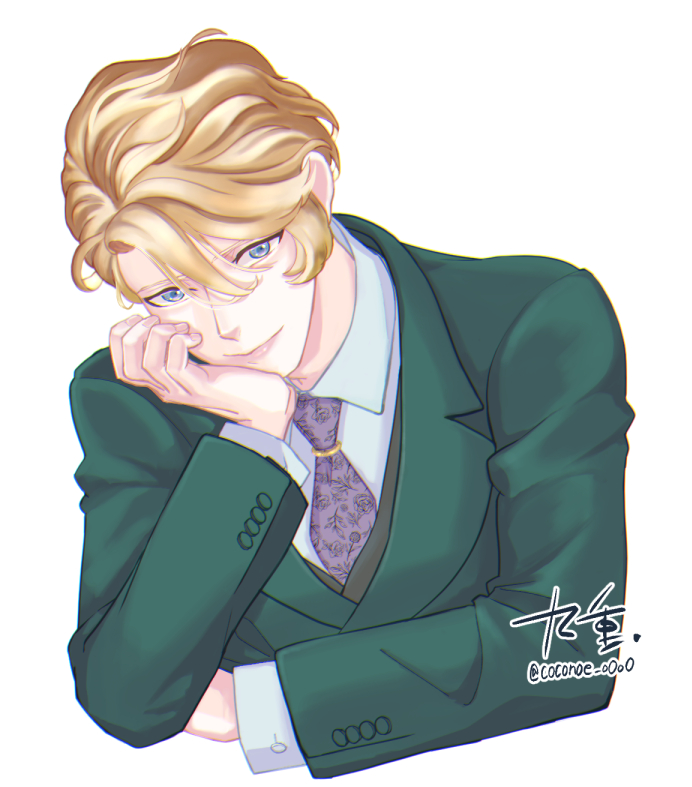 1boy, blonde_hair, blue_eyes, coconoe_o0o0, floral_print, formal, green_suit, grey_necktie, hair_between_eyes, head_rest, hosekisho_richard-shi_no_nazo_kantei, leaning_forward, long_sleeves, looking_at_viewer, male_focus, necktie, richard_ranashinha_de_vulpian, shirt, short_hair, simple_background, smile, solo, suit, twitter_username, upper_body, white_background, white_shirt
