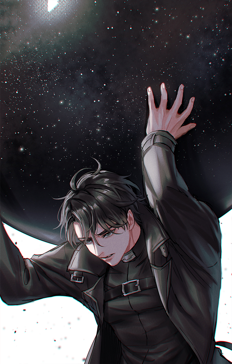 1boy, arms_up, aura_draws, bangs, black_coat, black_hair, black_shirt, black_theme