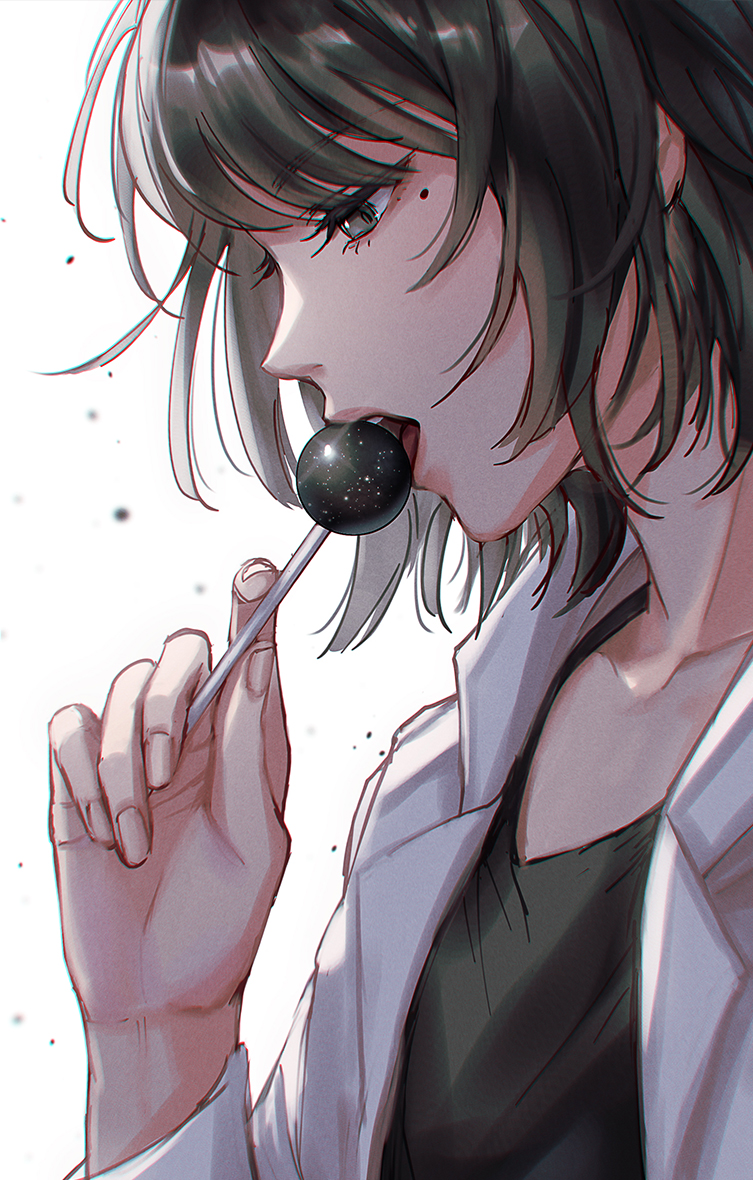 1girl, aura_draws, bangs, black_hair, black_shirt, candy, chromatic_aberration, commentary, english_commentary, food, grey_eyes, holding, holding_candy, holding_food, holding_lollipop, lollipop, long_sleeves, medium_hair, mole, mole_under_eye, omniscient_reader's_viewpoint, open_mouth, shirt, simple_background, solo, sooyoung_han, upper_body, white_background