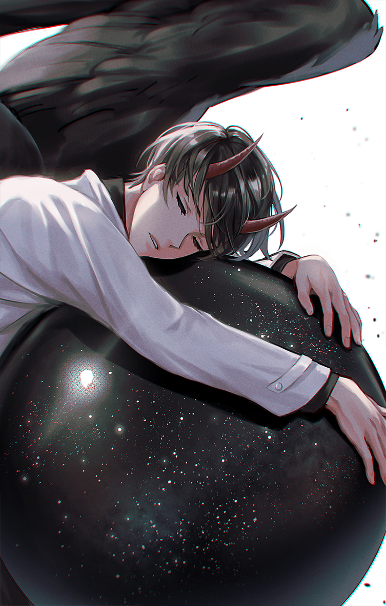 1boy, aura_draws, black_hair, black_wings, chromatic_aberration, closed_eyes, coat, commentary