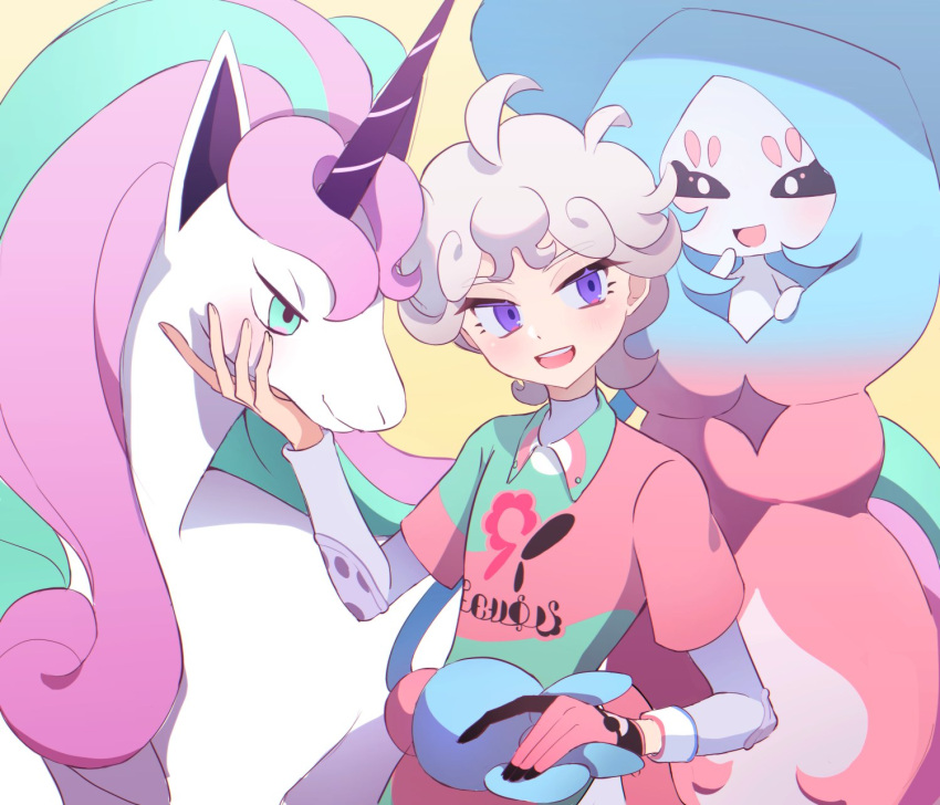 1boy, ahoge, bangs, bede_(pokemon), collared_shirt, commentary_request, curly_hair, galarian_rapidash