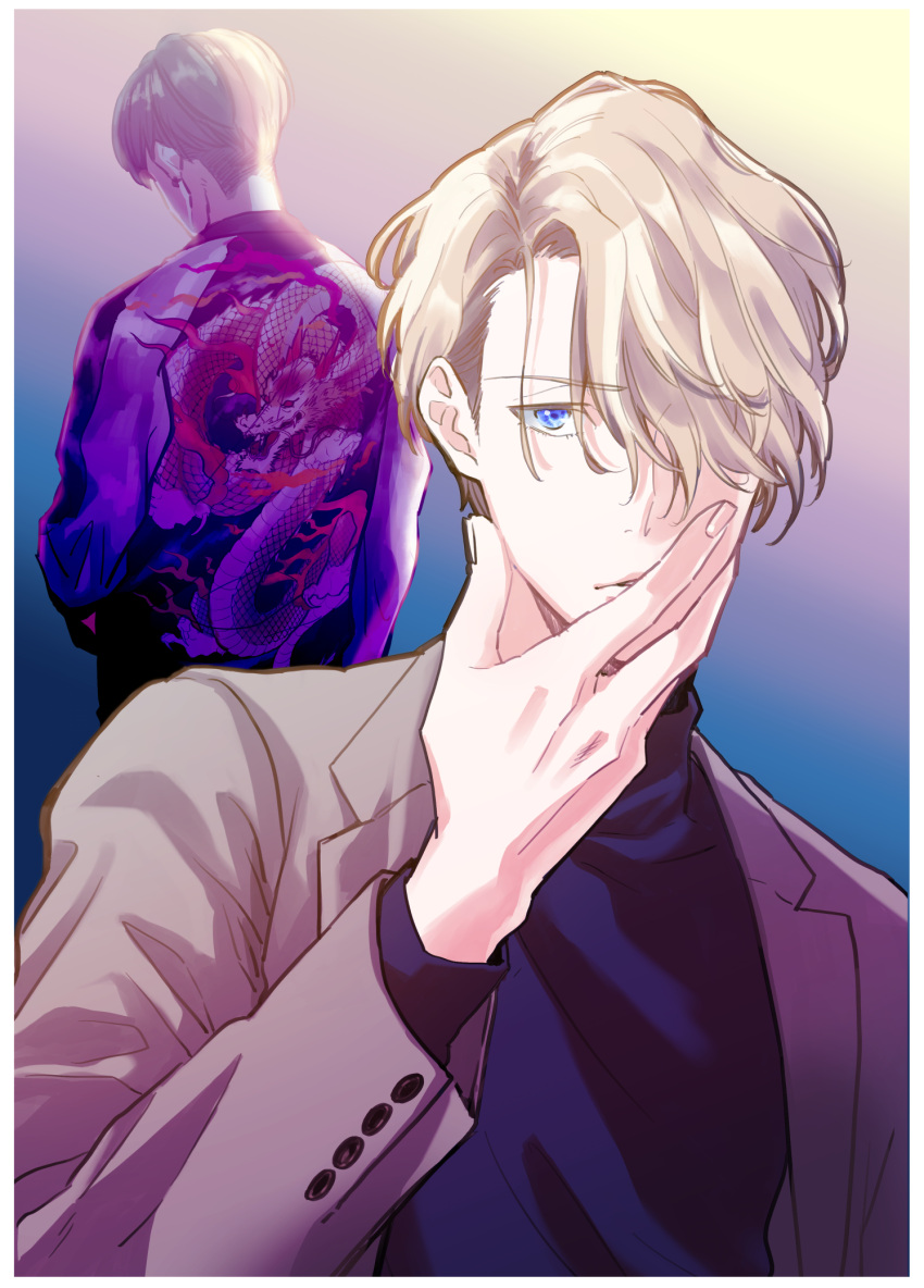 2boys, arioku, black_shirt, blue_eyes, character_request, dragon_print, earrings, gradient