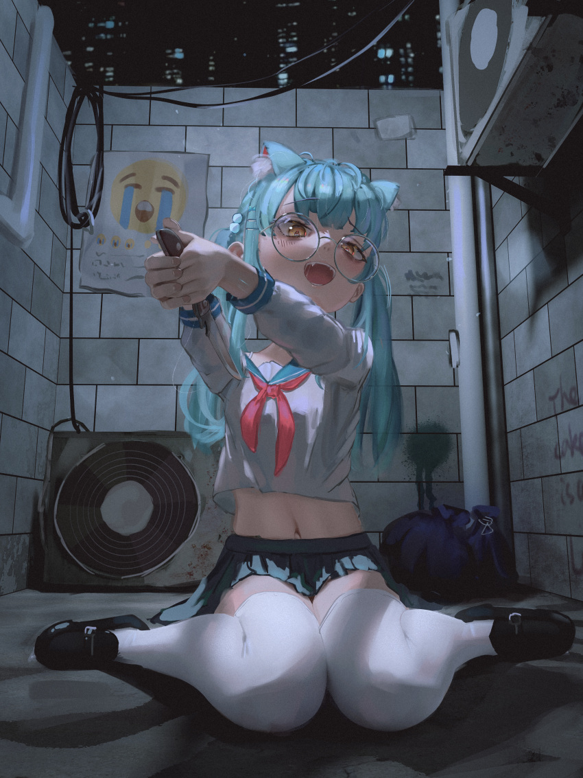 1girl, absurdres, air_conditioner, animal_ear_fluff, animal_ears, aqua_hair, bangs, breasts, cable, cat_ears, crying_emoji, foreshortening, glasses, graffiti, highres, holding, holding_knife, hsch, imminent_suicide, knife, long_hair, long_sleeves, looking_at_viewer, meme, midriff, miniskirt, navel, neckerchief, night, open_mouth, original, outdoors, pleated_skirt, round_eyewear, sailor_collar, school_uniform, serafuku, shirt, sitting, skirt, small_breasts, solo, teeth, thigh-highs, twintails, upper_teeth, wariza, white_shirt, white_thighhighs, yellow_eyes